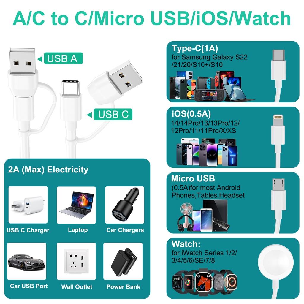 FONKEN Кабель для зарядки часов и телефона 6 в 1 для iPhone/iWatch/Airpods Магнитное зарядное устройство USB и USB C с 8-контактным разъемом/Type-C/Micro USB