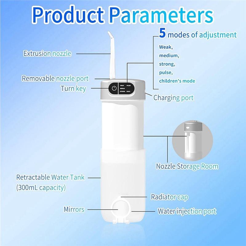 Water Flosser 5-Mode Oral Irrigator With 5 Nozzles 300 Ml Water Tank, IPX7 Waterproof, Home And Travel Water Flosser