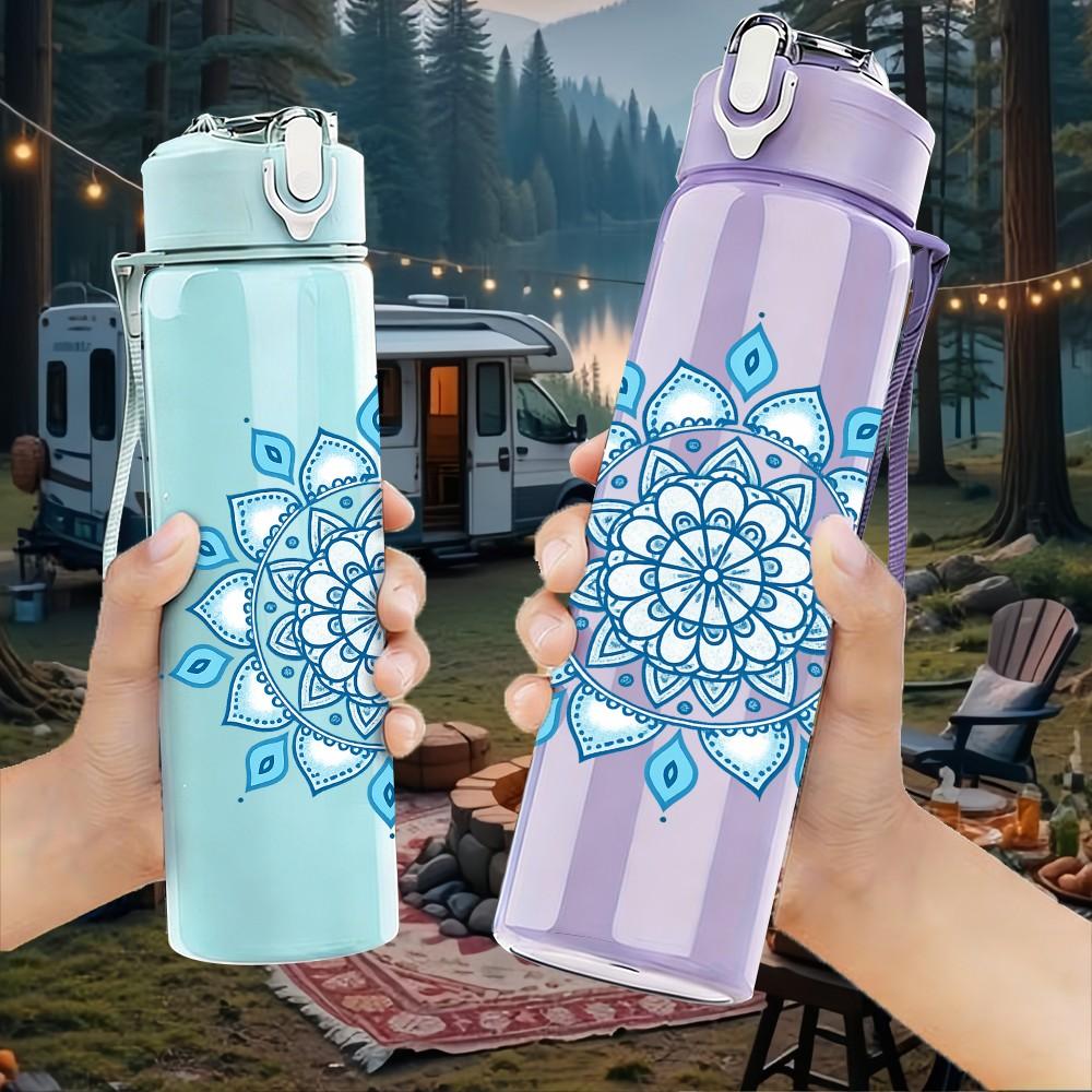 1PC Light Blue Mandala Flower 750ml Color Plastic Sports Water Bottle Leakproof Flip Straw Lid Suitable for Sports Office Home Use