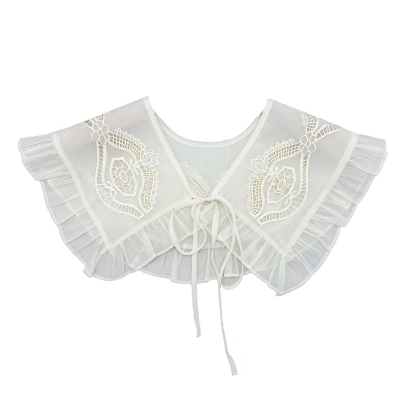 Royal Style Cotton Fake Collar Shawl Wrap Hollow Out Floral Lace Ruffled Trim Necklace Pointed Lapel Blouse Dropshipping