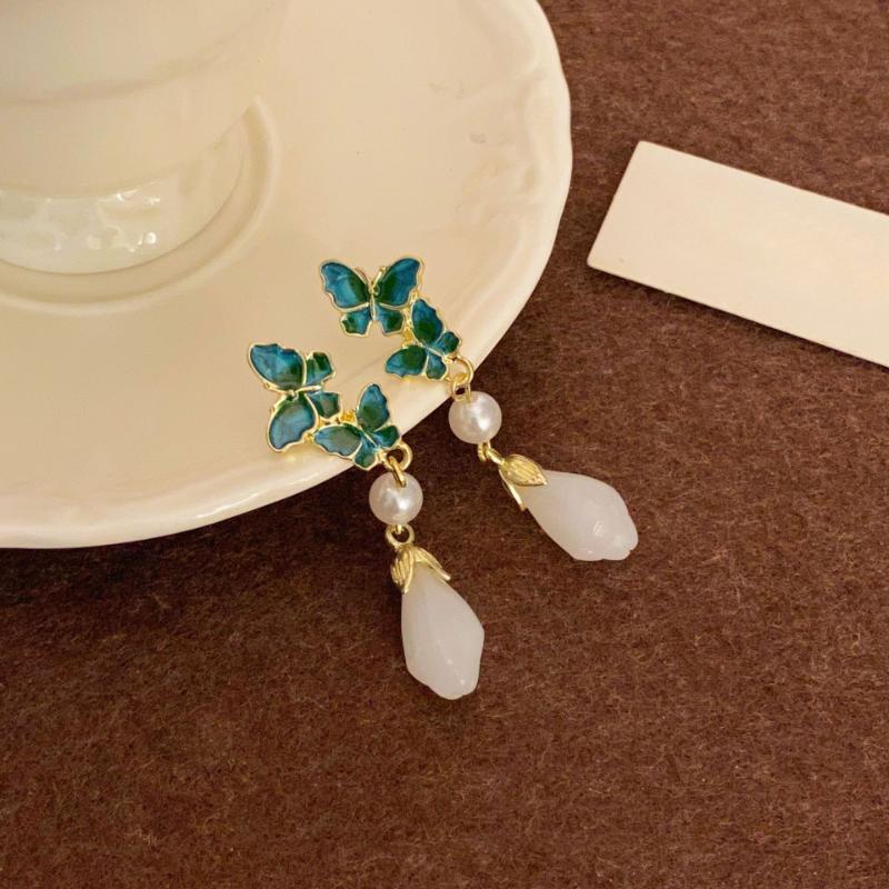 Новые роскошные изысканные женские серьги с зеленой глазурью и бабочкой, эмалью и жемчугом