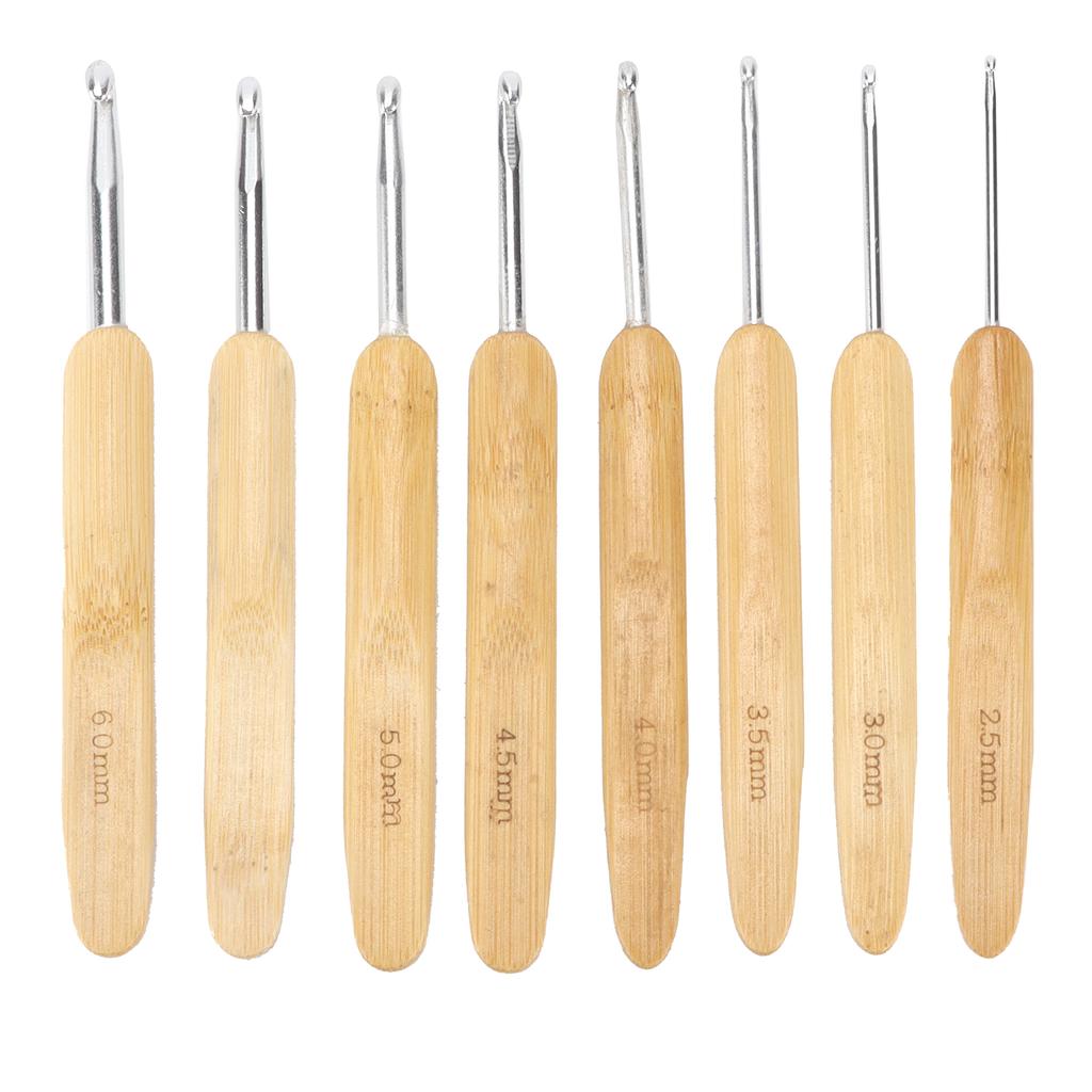 8Pcs Aluminum Crochet Hooks Round Head Knitting Needles with Bamboo Handles for Yarn Craft