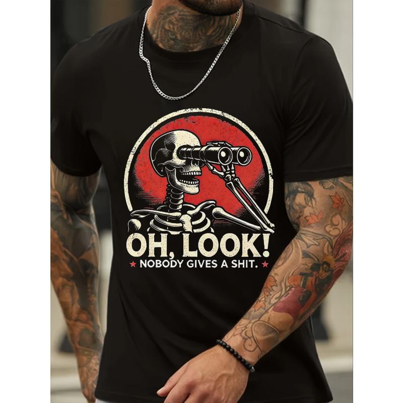 European Size Men'S Large Skeleton with Binoculars OH, LOOK! NOBODY GIVES A SHIT. Print T-Shirt Comfortable Breathable for Casual Wear, Plus Size