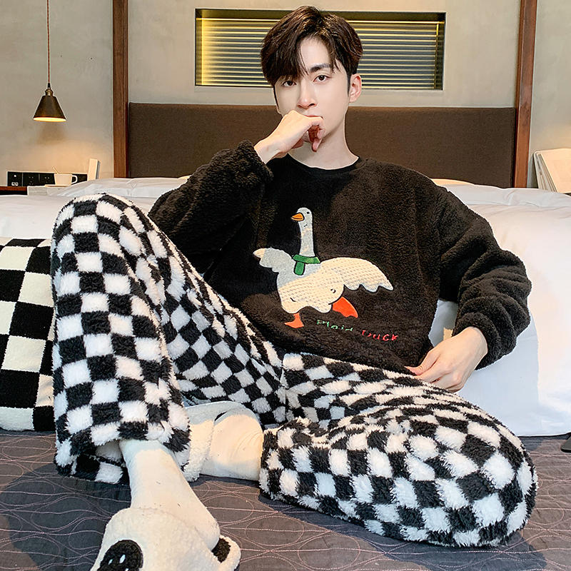 Толстая фланелевая мужская пижама, комплект на осень-зиму, плюс бархатная утолщенная пижама с длинными рукавами, теплая домашняя одежда