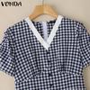 VONDA Women Stitching V Neck Short Sleeve Plaid Print Casual Pleated Dress