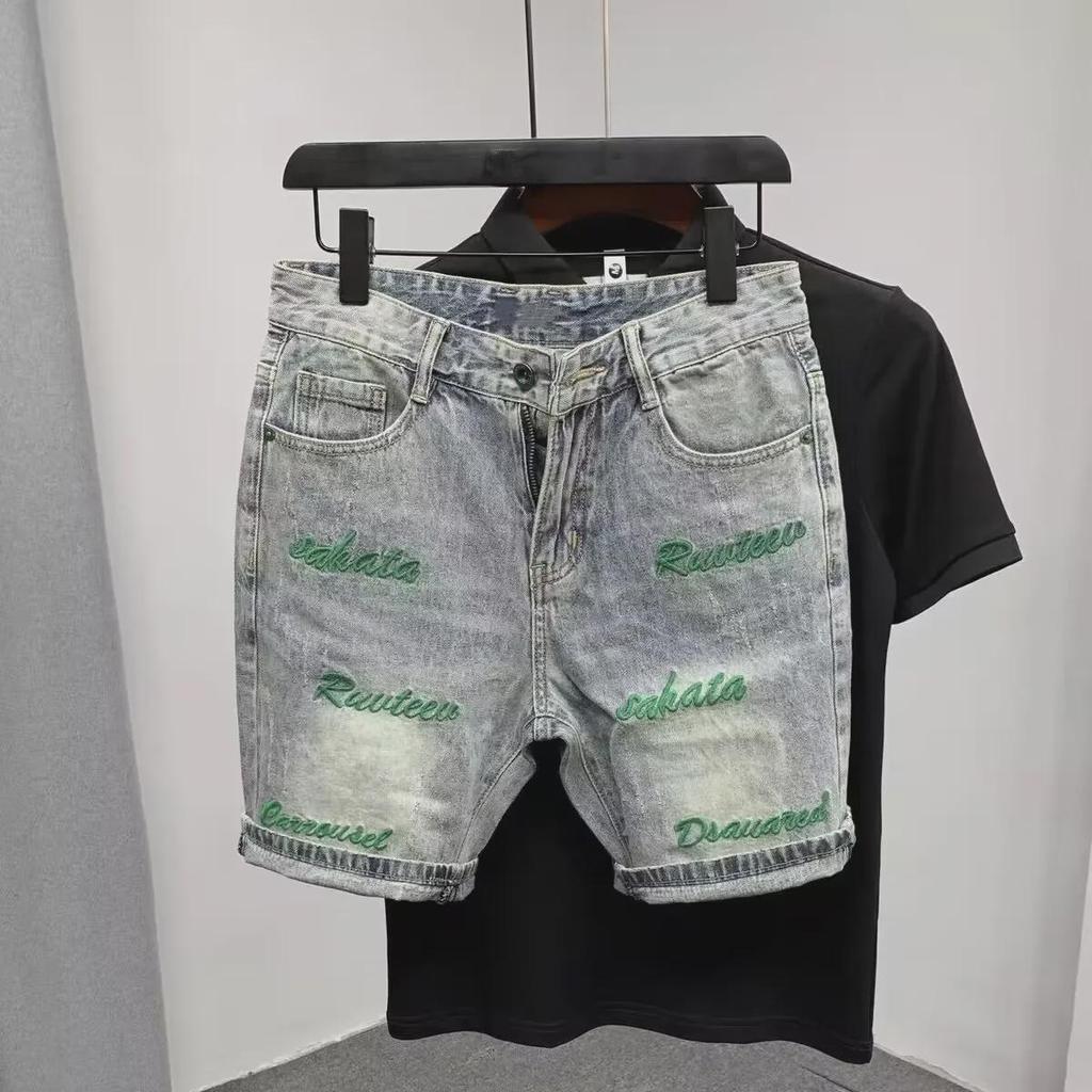 Модные зеленые облегающие мужские джинсовые шорты с вышивкой, летняя коллекция 2023 г.