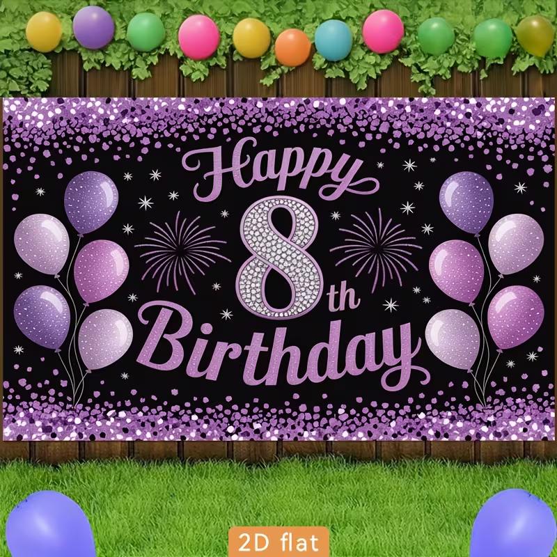 2D Purple Black 8th Birthday Backdrop with Diamond Number 8, Balloons & Fireworks Photography Background Banner