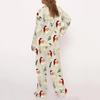 2 Pcs/Set Christmas Women Pajamas Suit Satin Santa Printing Lapel Long Sleeve Top Wide Leg Pants Sleepwear Casual Home Wear Clothes