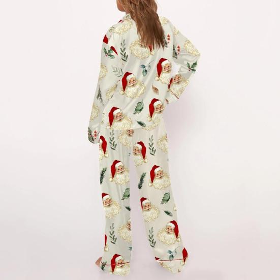 2 Pcs/Set Christmas Women Pajamas Suit Satin Santa Printing Lapel Long Sleeve Top Wide Leg Pants Sleepwear Casual Home Wear Clothes