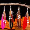 Женские красные серьги с перьями и богемными кисточками - Модная бижутерия