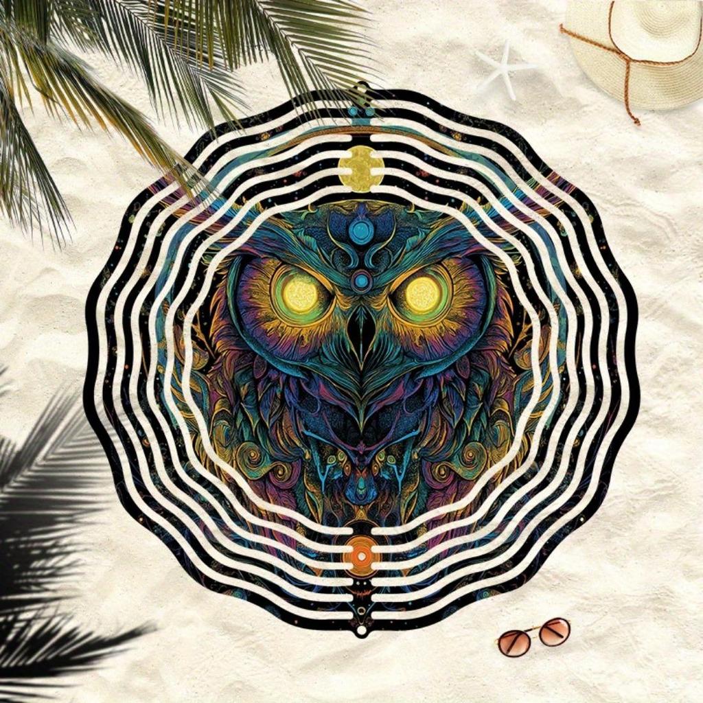 1 шт. Металлический колокольчик ветра в стиле мандалы 3D «Темная ночная сова» - Вращающийся на 360° садовый декор с яркими цветами, не требует электричества