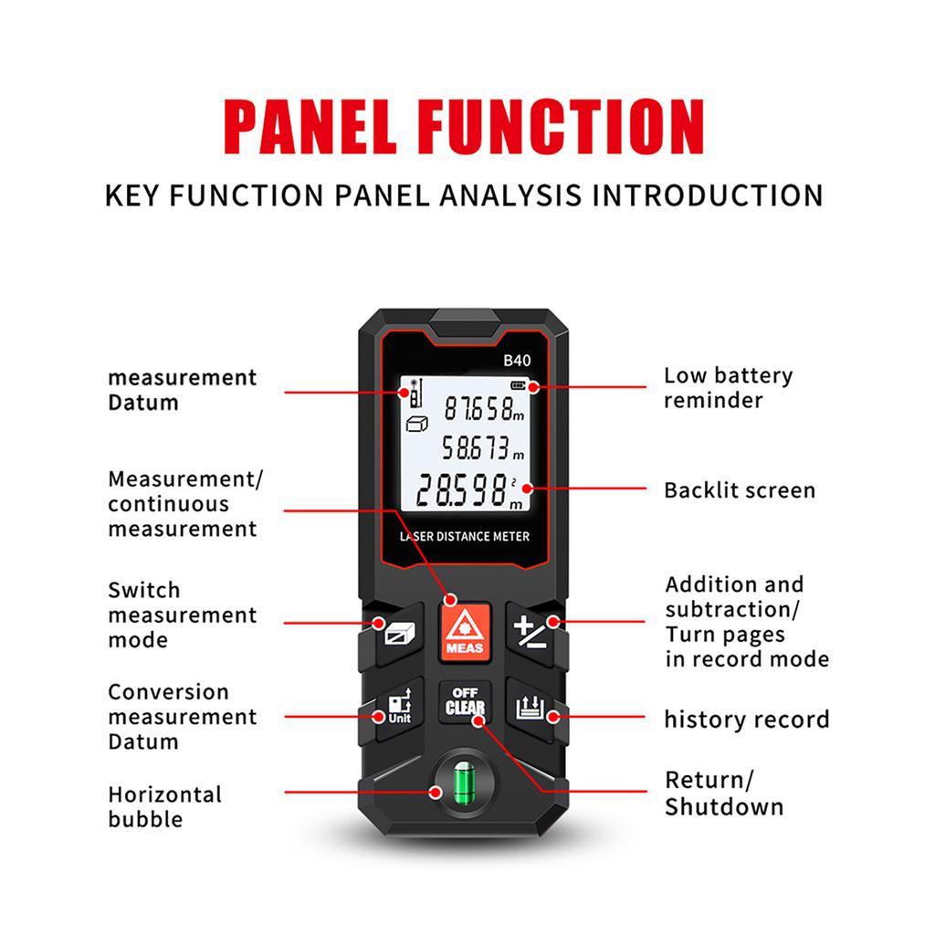 40m Msure LCD Digital Distance Meter with Bubble Range Finder Distance/ Ar/ Volume/ Pythagorn Msuring Tool Unit ing