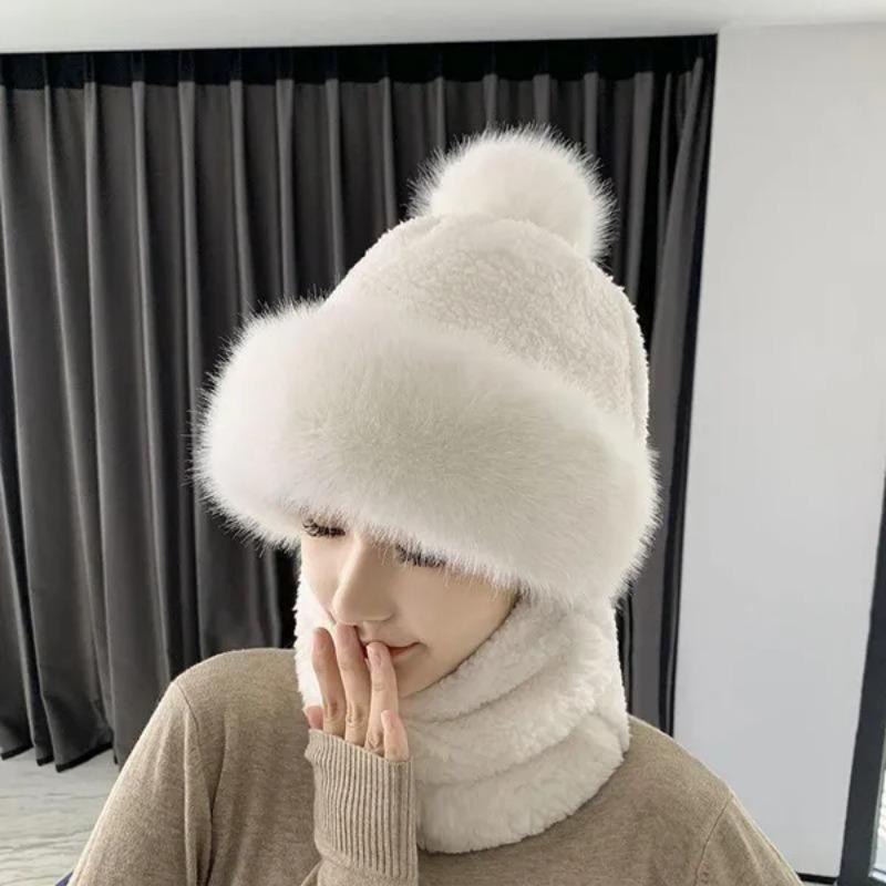 Winter Scarf Set Hooded Women's Plush Scarf Warm Hat Outdoor Ski Windproof Hat Thickened Plush Fluffy Woolen Hat