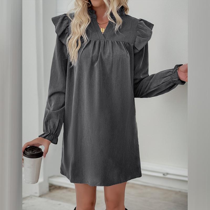 Women's Solid Color Ruffled Long Sleeve Loose Collar Dress