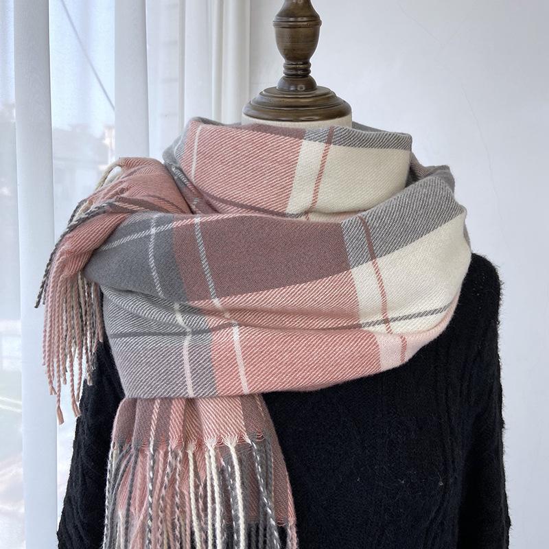 Checkered Scarf Women's Autumn and Winter Retro Imitation Cashmere Warm Tassel Scarf Shawl