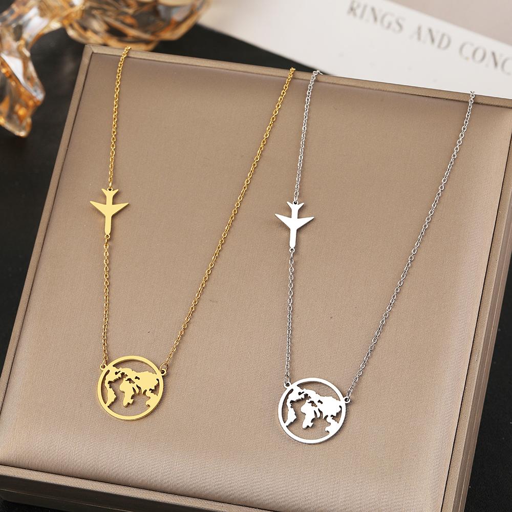 Stainless Steel Necklaces Airplane Globe Map Traveler Pendants Fashion Choker Chains Charms Male Necklace For Women Zircon Gift