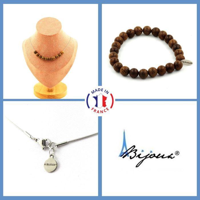 Stones and Minerals. Jewelry Set Bracelet Necklace 10 Wooden Beads 8 Mm. Steel Chain Customizable Size.