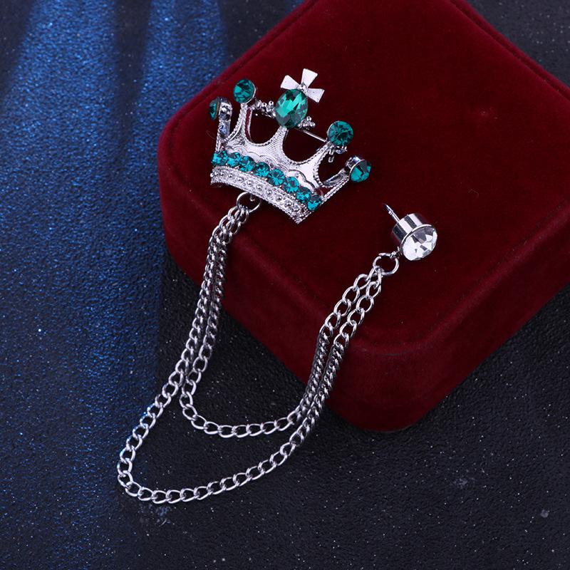 Crystal Men Brooch Pin Crown Fashion Collar Pins Suit Lapel Wedding Gift Jewelry Cross Chain