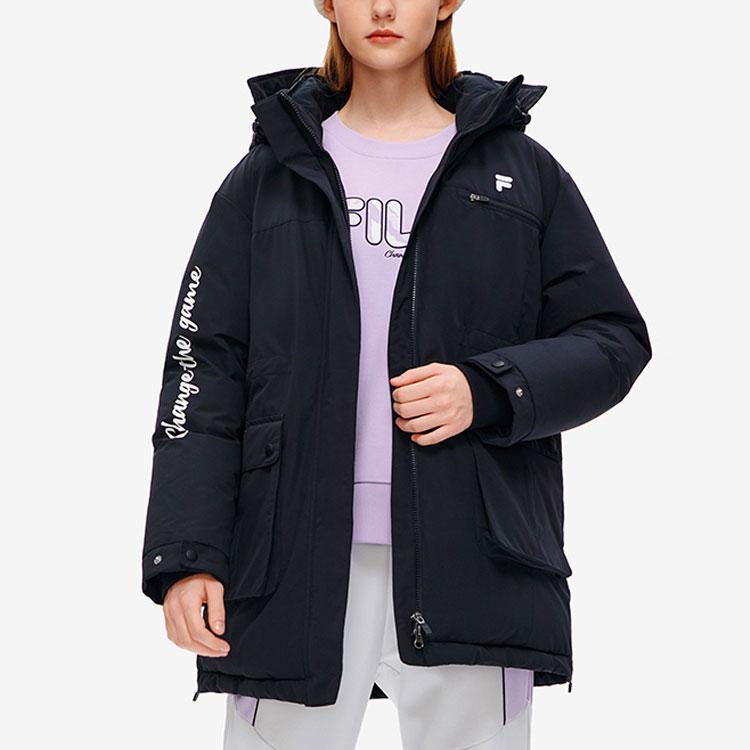 Fila Fusion Модная длинная пуховая куртка с принтом логотипа для женщин, верхняя одежда, глубокий черный T11W241917F-BK