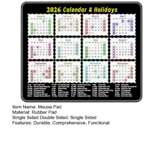 2026 Настольный календарь Коврик для мыши Нескользящий Практичный Планировщик дат с макетом на весь год и праздниками США Офисный компьютерный коврик для дома и офиса