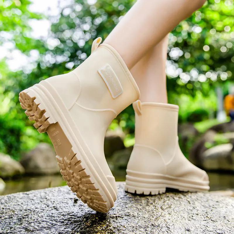 WTEMPO Solid Color Large Size Rain Boots Low Thick Heel Anti Slip Casual Work Shoes for Women's In Spring Summer
