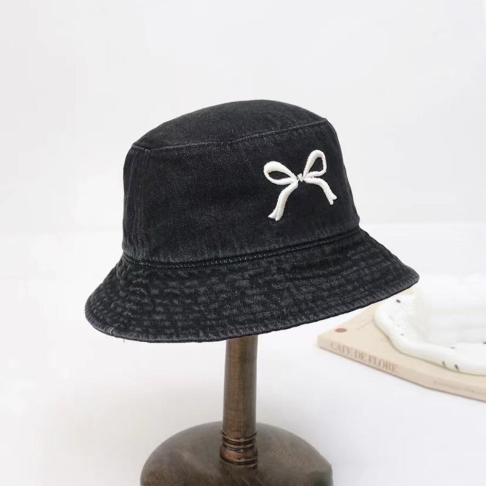 Korean Bow Embroidery Hat Sweet Washed Denim Hat Trendy Bowknot Bucket Hat for Girls