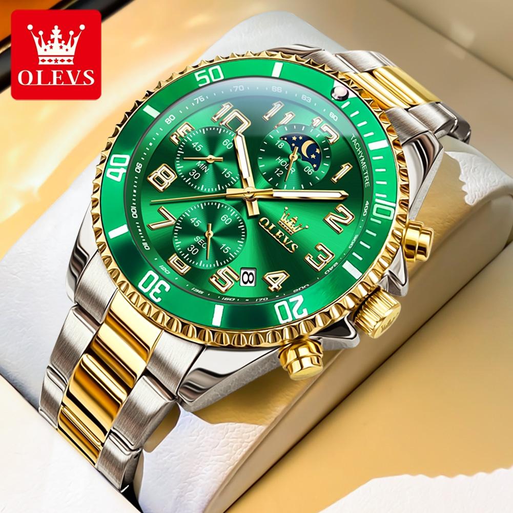 OLEVS Luxury Fashion Men's Watches Fine Steel Chronograph Original Quartz Wristwatch Waterproof Luminous Moon Phase Date 2870