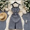 Autumn Winter Women Vintage Spaghetti Strap Houndstooth Tweed Party Short Split Dresses With Pocket