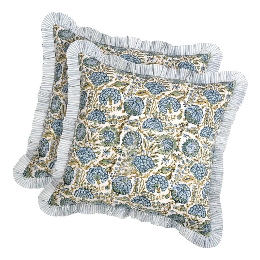 2 Piece Romantic Floral Print Pillow Covers With Ruffled Trim Soft Polyester Square Cushion Case for Living Room Bedroom