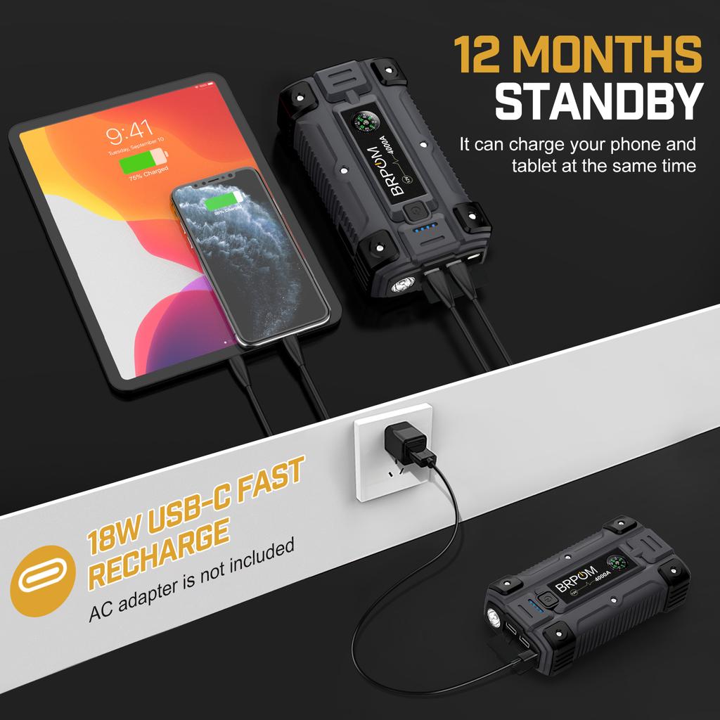 BRPOM 4000A 12V Charger External Battery Booster 26800mah Car Jump Starter Car Battery Fast Charging Portable Power Bank