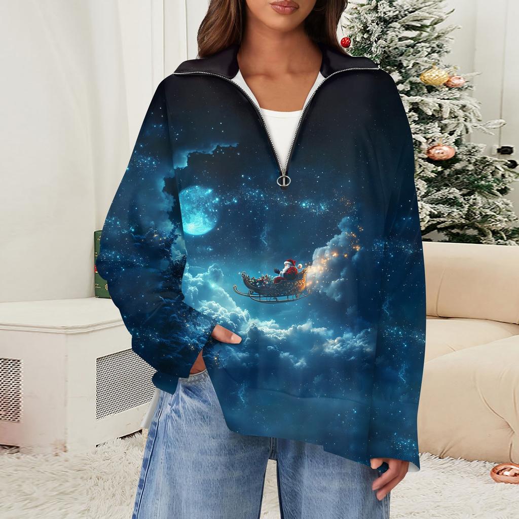 Женский повседневный свитер с полумолнией и лацканами со снежинками и разрезом сверху по бокам, модная одежда