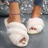 Flat Low Heels Women Shoes Woman Lovely Warm Plush Slippers Women Slides Pearl Cute Cross Tie Fluffy Fur Slippers Shoes