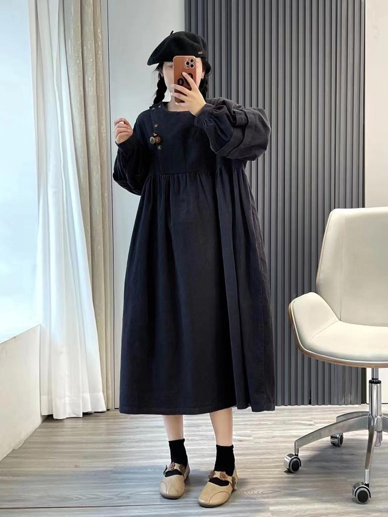 Johnature Японское лесное вельветовое платье осеннее круглое повседневное женское платье Mori с брошью