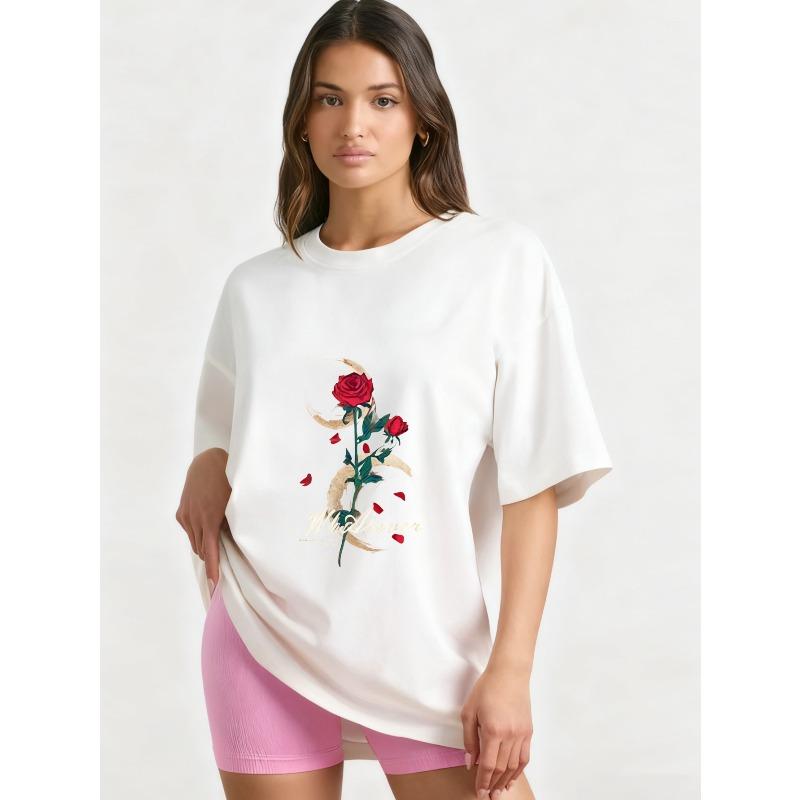 Футболка оверсайз черная с принтом розы и луны, с любым текстом, повседневная уличная мода, топ для женщин, летняя одежда