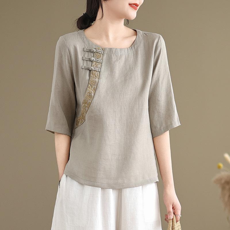 Футболка однотонная с вышивкой в китайском стиле, женская рубашка свободного кроя с короткими рукавами в стиле ретро