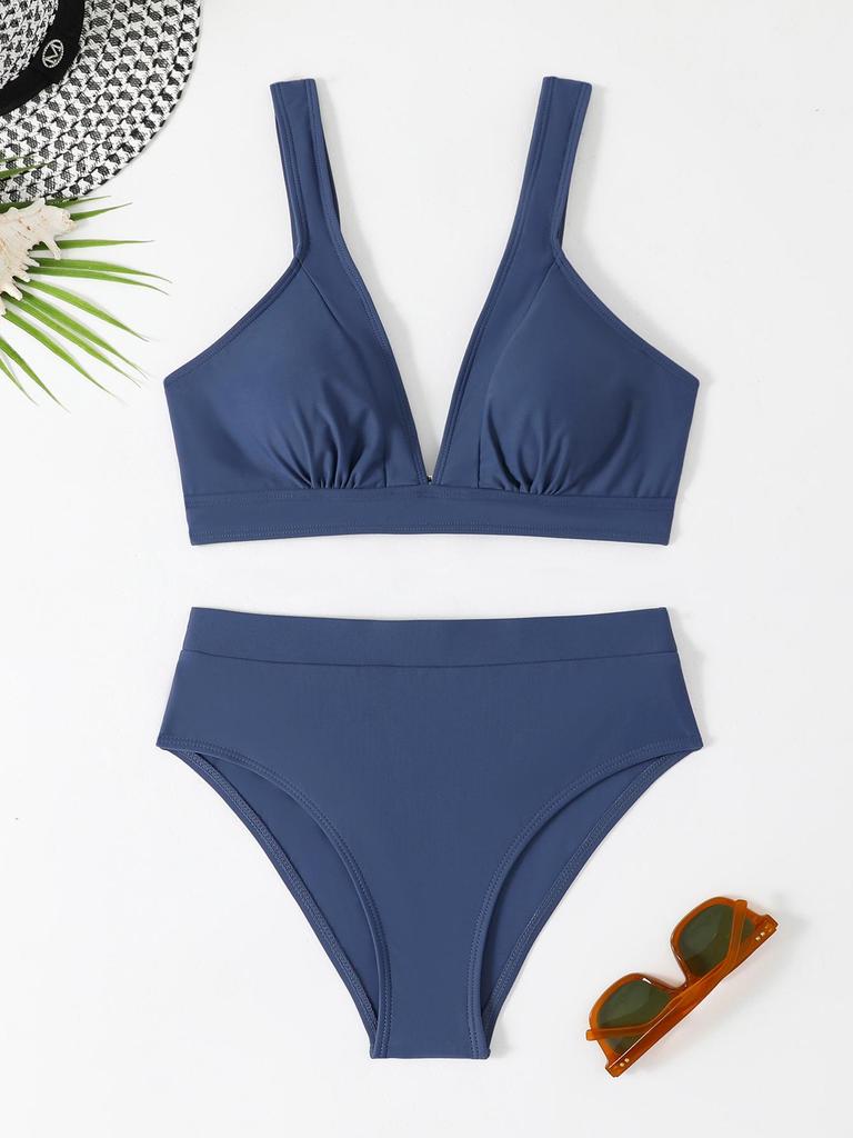 Женский раздельный купальник-бикини однотонный с высокой талией