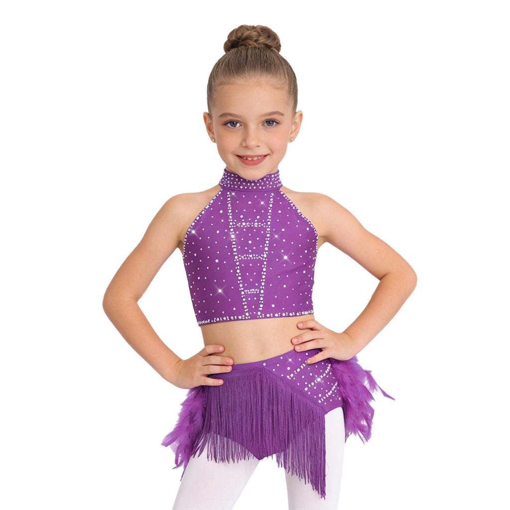 Блестящий костюм для танца с кисточками и перьями для девочек: Укороченный топ-халтер со спинкой на бретельках и юбка с эластичным поясом для сценического выступления
