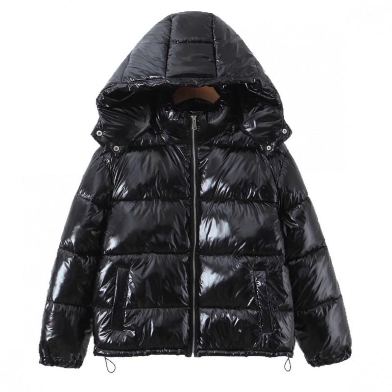 Ins Style Winter Hooded Puffer Jacket Solid Color PU Leather Cotton Coat Loose Fit Women