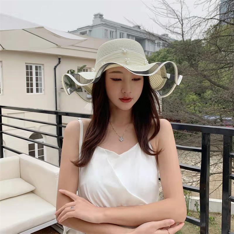 1PC Women Foldable Floppy Straw Hat Pearl Silk Ribbon Wide Brim Sun Hat Beach Cap Summer Sunshade Visors UV Protection Travel Hats Bucket Caps