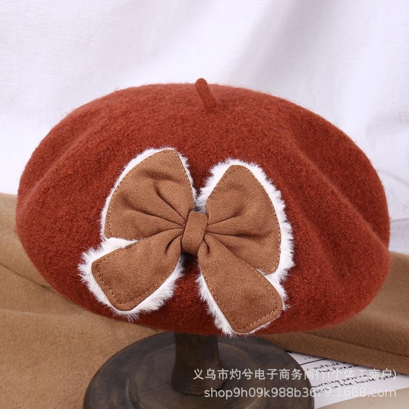 Autumn and winter warm wool beret women's bow versatile painter hat retro newsboy hat material retro style