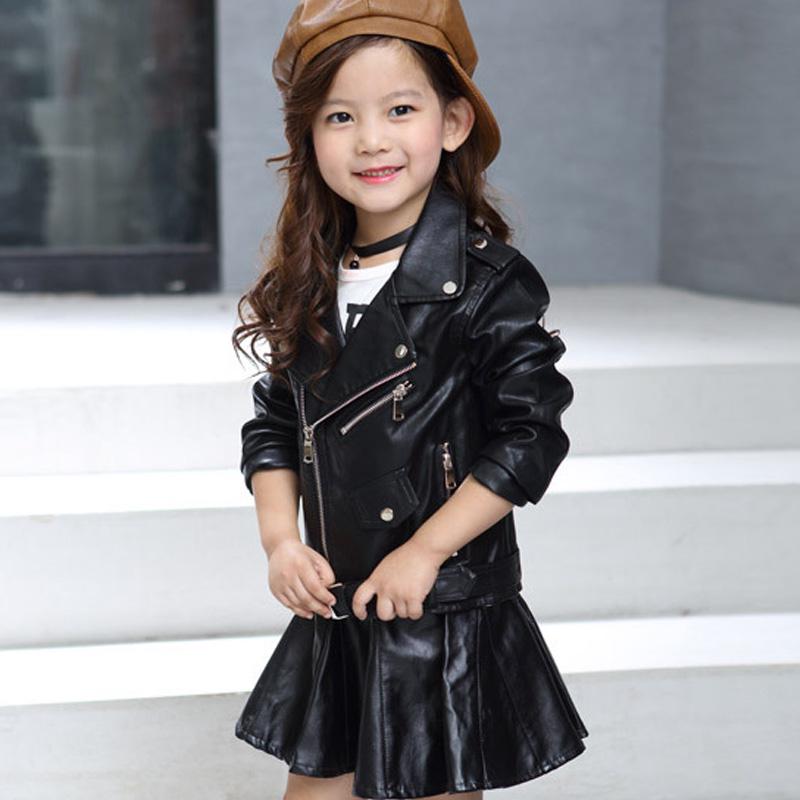 Motorcycle Jacket Girls Pu Childrens Jacket Kid Outwear Solid Color Zipper Belt Long Sleeve Casual