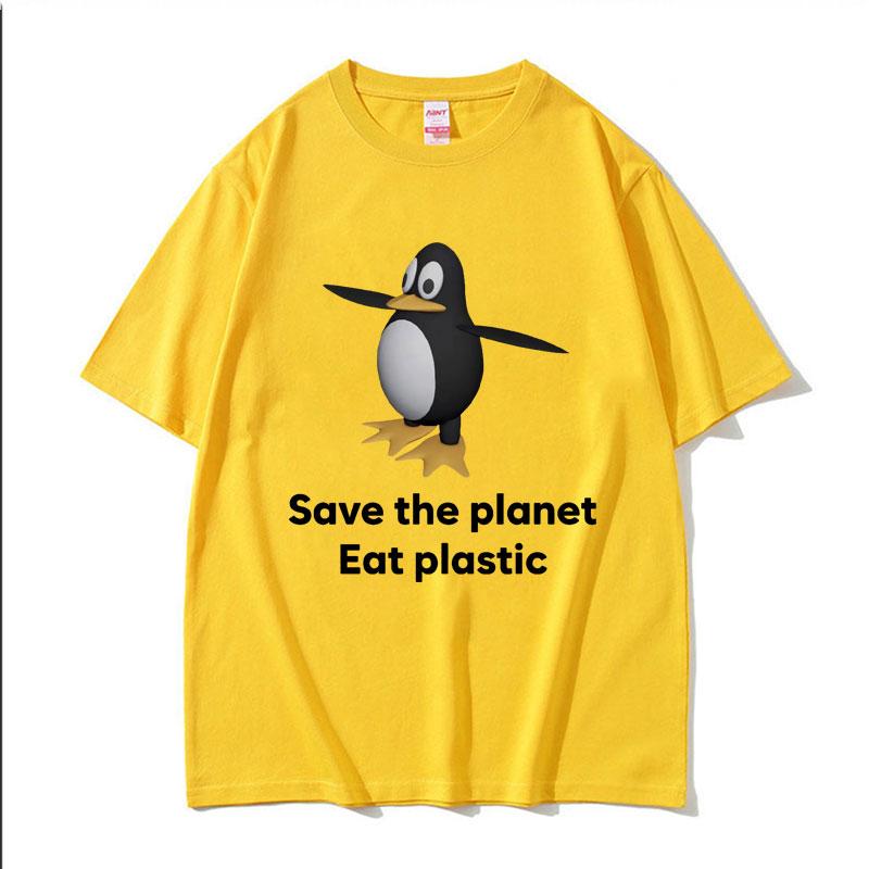 Save The Earth Eat Plastic Funny Meme TShirt Cute Penguin Graphics Mens T Shirt Fashion Casual Oversized Short Sleeve Tshirts