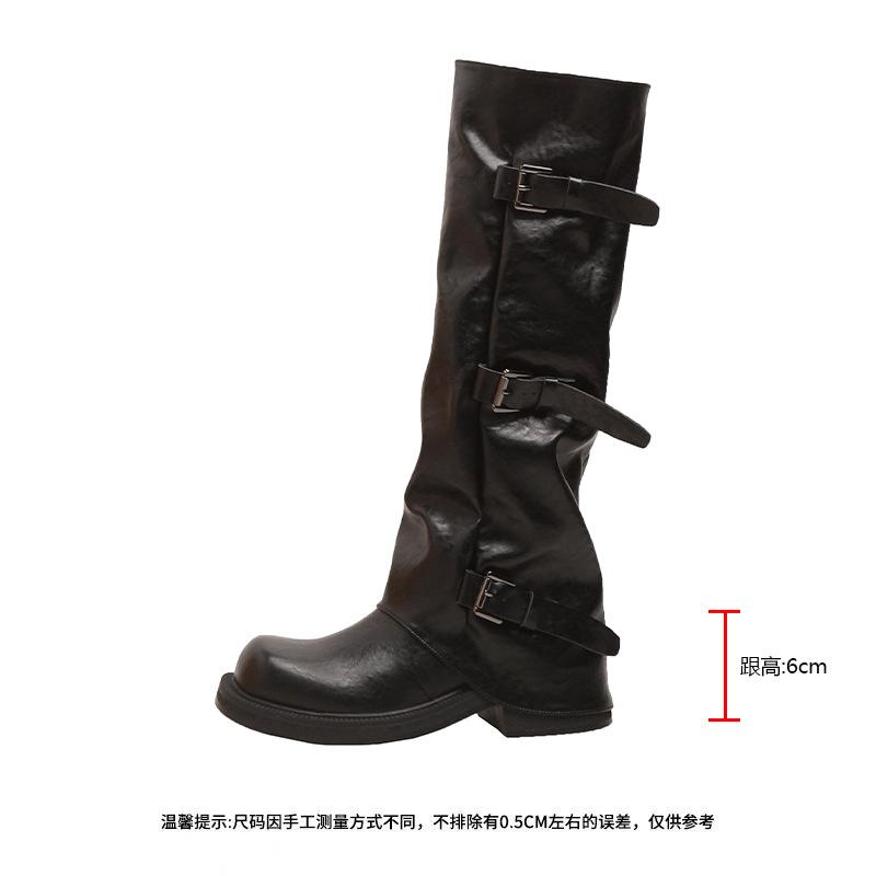 ~ Belt Buckle Square Round Head Pleated Medium Tube Knight, Autumn and Winter Pleated Stacked Pants Tube Women's Boots