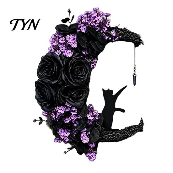 Indoor Dark Theme Soft Furnishings Halloween Black Cat Moon Wreath, Gothic Crescent Grapevine Wreath with Style Holiday Home Accents Rose Flowers,