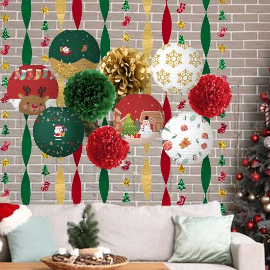 15 шт. рождественских бумажных фонариков, украшения, красные и зеленые помпоны, набор, веселый рождественский баннер для декора вечеринки в помещении и на открытом воздухе