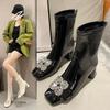 Square Head Short Boots Female Internet Celebrity Rhinestone Thick Heel High Heels Patent Leather Thin Versatile Small Tube Elastic Boots
