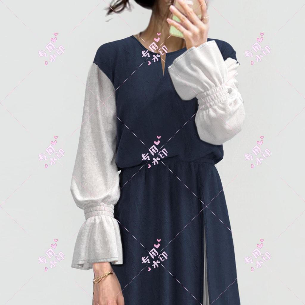 Осеннее новое платье с круглым вырезом, разрезом, шифоновым рукавом, длинными рукавами, эластичной талией, сращиванием