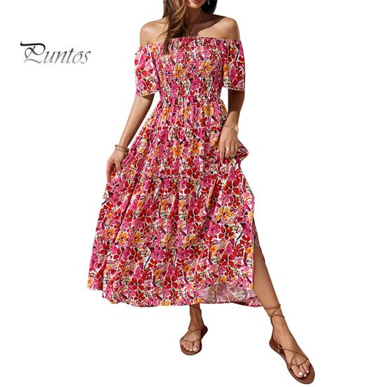 Женское пляжное платье с открытыми плечами Красочный цветочный принт трапециевидной формы в стиле пэчворк Свободный подол с гофрировкой на спине с короткими рукавами Летние каникулы Стиль миди-платья