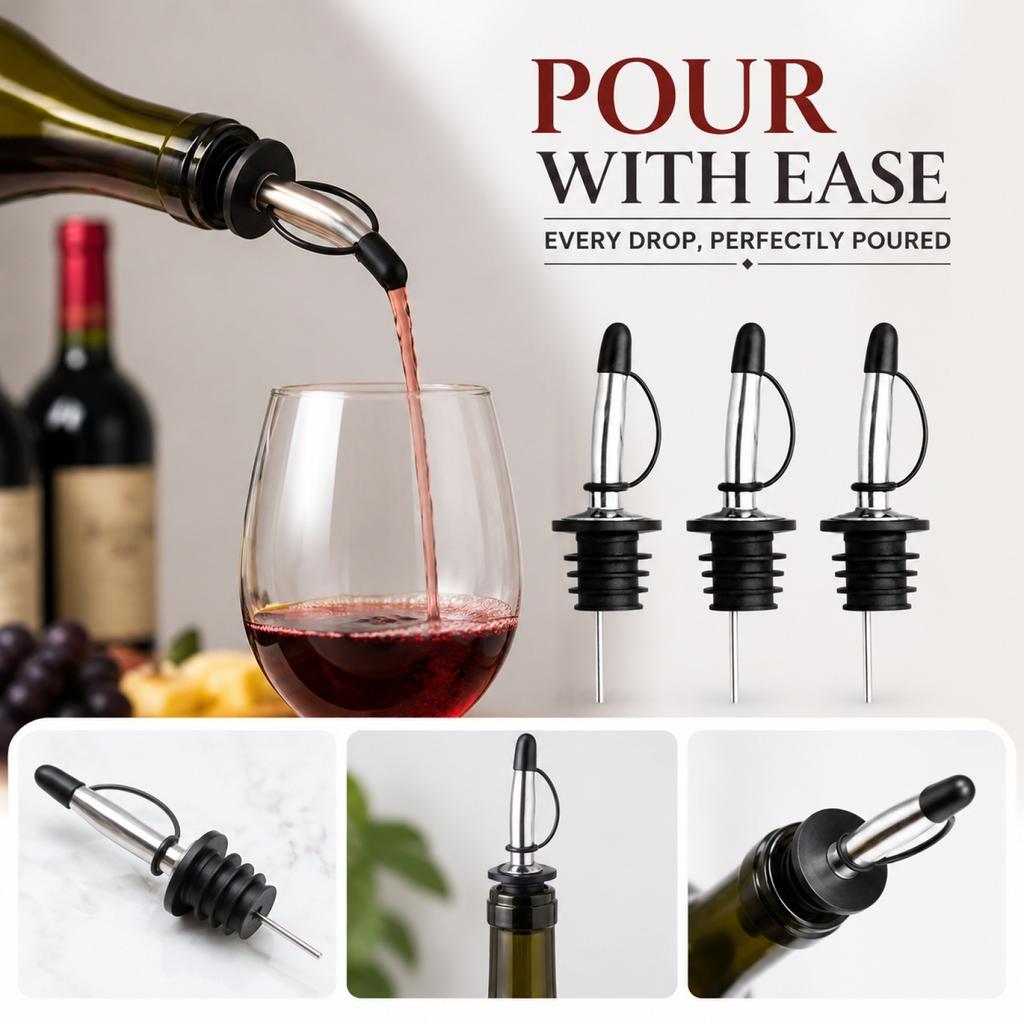 3PCS Stainless Steel Pourer Spouts with Dust Covers for Bottles Wine Liquor Oil Dispensing Pouring Tool Set
