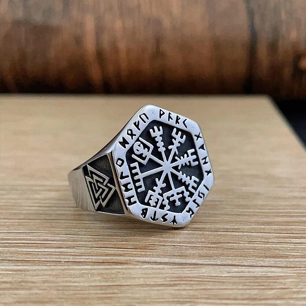 Men Biker Nordic Viking Rings Stainless Steel Retro Nordic Ethnic Belief Odin Viking Rune Ring Men Amulet Jewelry